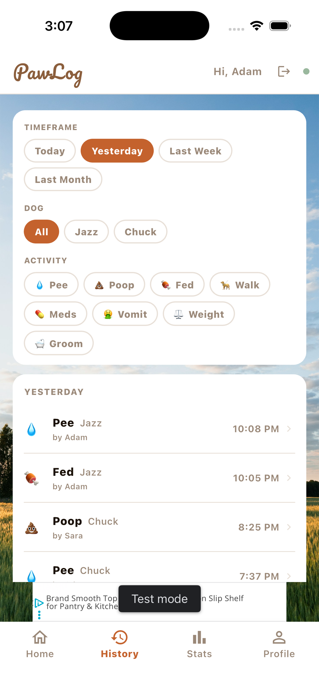 Activity log showing recent walks and meals