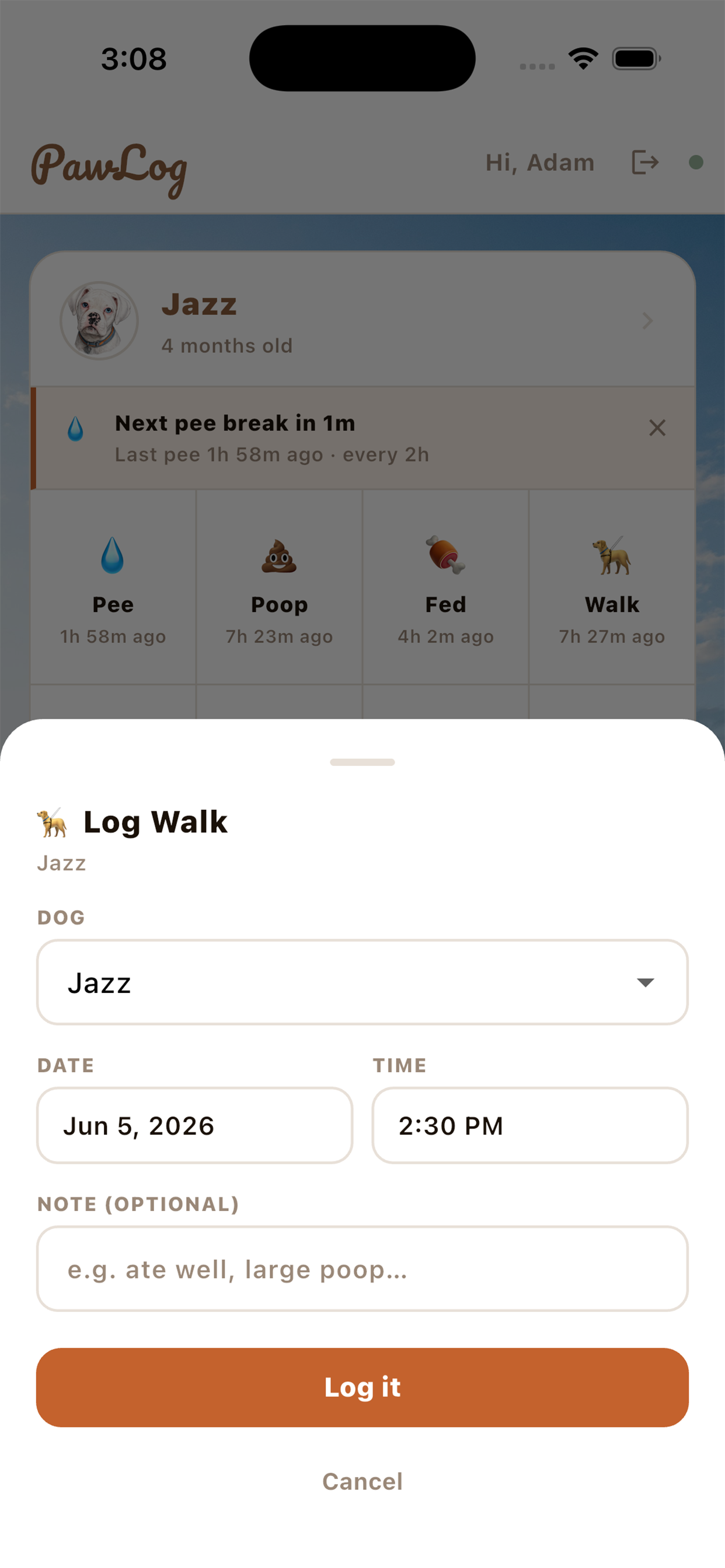 Add entry screen for logging a new health event