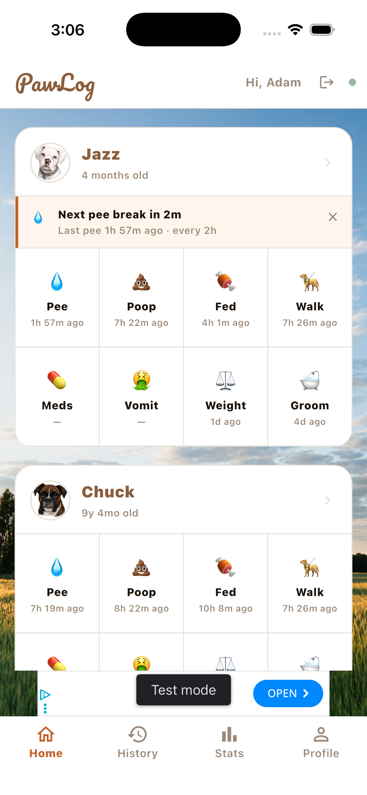 Dashboard with dog overview and health summary